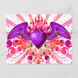 Cartão Postal Design de Coração Asas Roxo