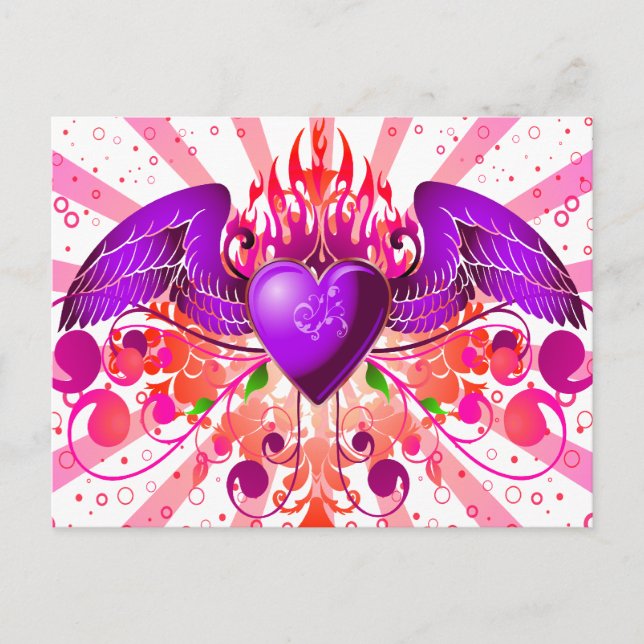 Cartão Postal Design de Coração Asas Roxo (Frente)