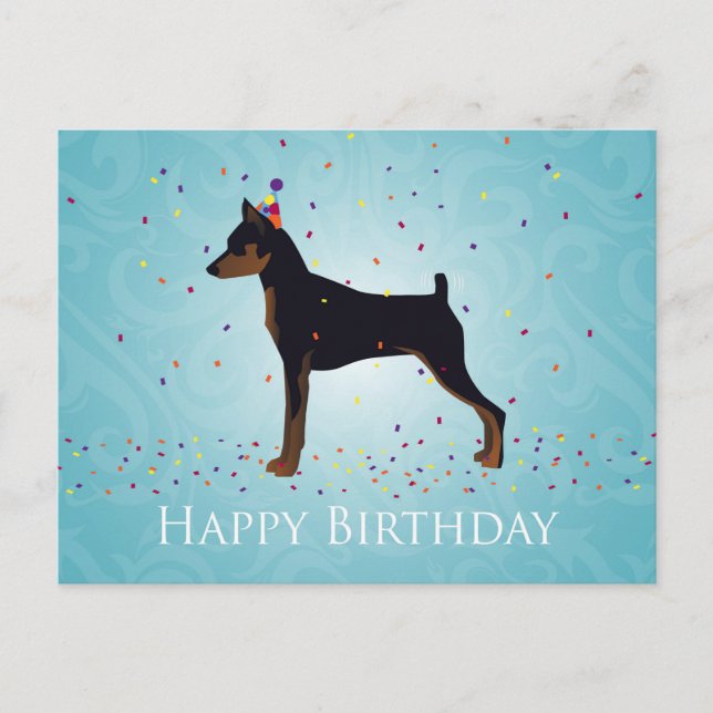 Cartão Postal Design de Feliz Aniversário de Miniatura Pinscher (Frente)