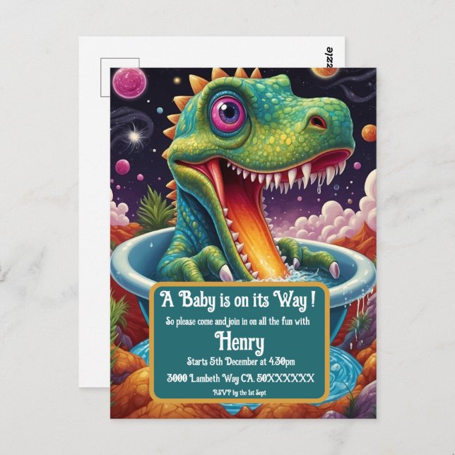 Cartão Postal design de festa Dino-Mite do chá de fraldas (Frente/Verso)
