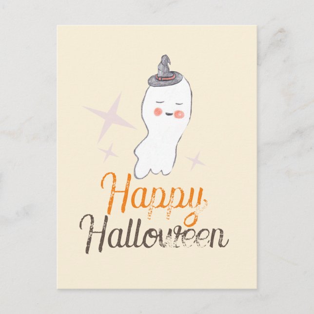 Cartão Postal Design de Halloween com Doodle Fantasma Retro (Frente)