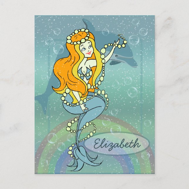 Cartão Postal Design de Ilustração Mermaid Rainbow e Dolphin Ill (Frente)