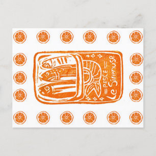 Cartão Postal Design de Linocut de Verão italiano - Sardinhas co