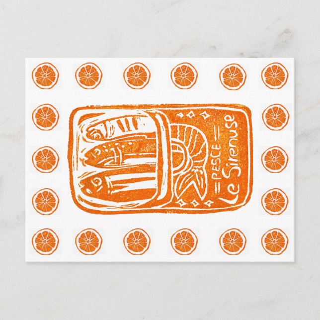 Cartão Postal Design de Linocut de Verão italiano - Sardinhas co (Frente)