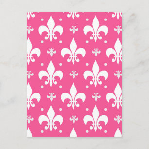 Cartão Postal Design de padrão de flor-de-lis com fundo rosa