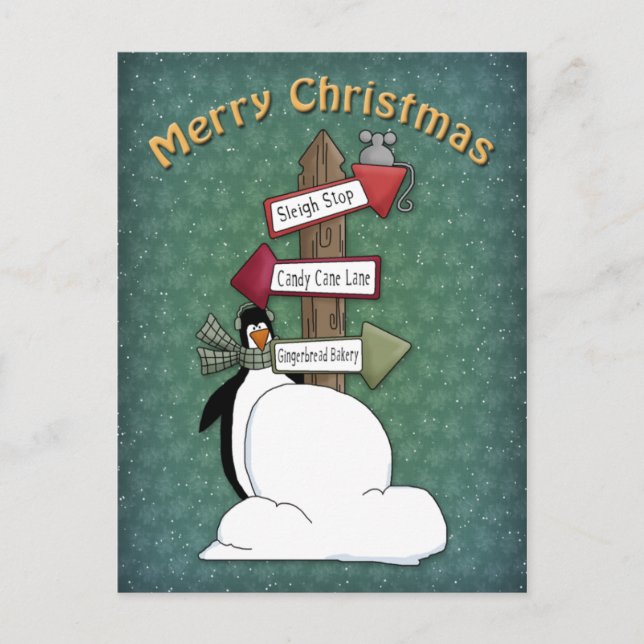 Cartão Postal Design de pinguim, gira e capricho (Frente)