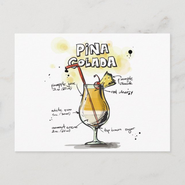 Cartão Postal Design de receitas de bebidas Pina Colada (Frente)