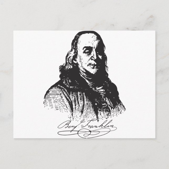 Cartão Postal Design de retrato e assinatura de Benjamin Frankli (Frente)