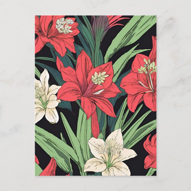 Cartão Postal Design Floral do Amaryllis Vermelho e Branco (Frente)