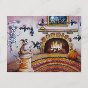 Cartão Postal Desorações de Morcego de Mouse Halloween Aquarel