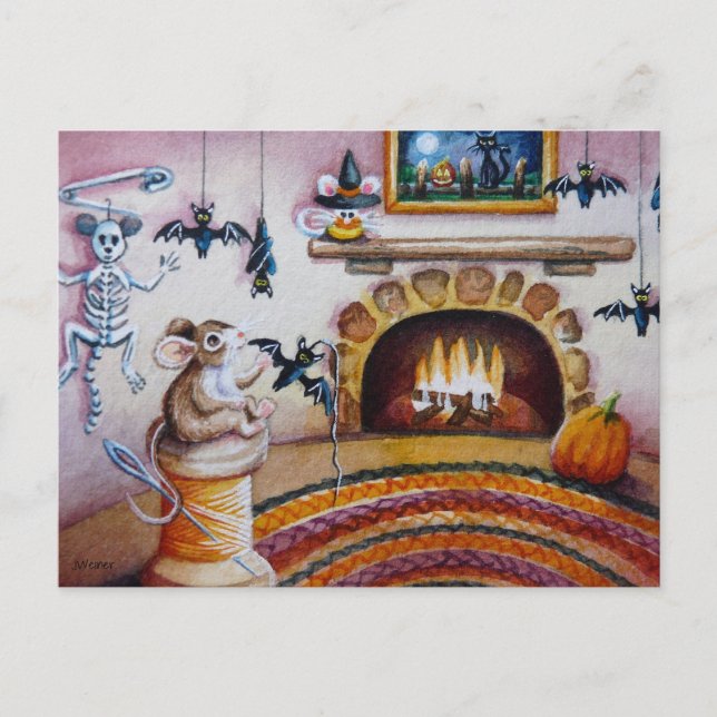 Cartão Postal Desorações de Morcego de Mouse Halloween Aquarela (Frente)