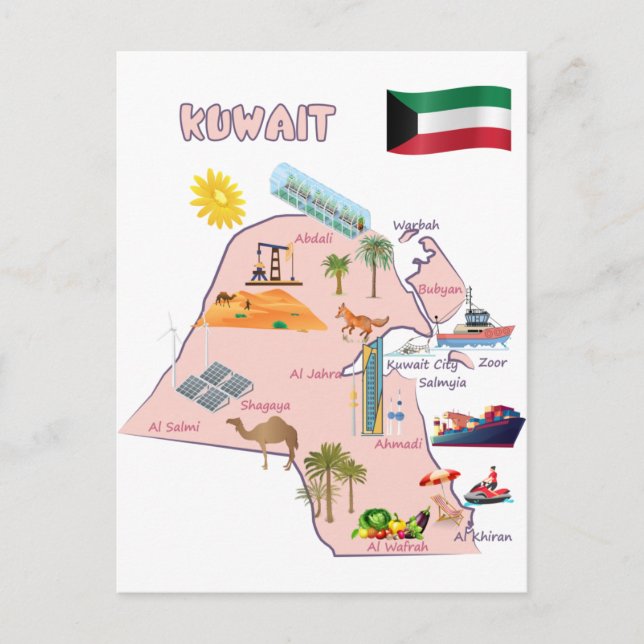 Cartão Postal destinos do mapa do Kuwait Pontos turísticos turís (Frente)