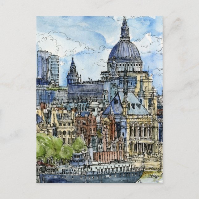 Cartão Postal Destinos | Watercolor River Thames Waterfront (Frente)
