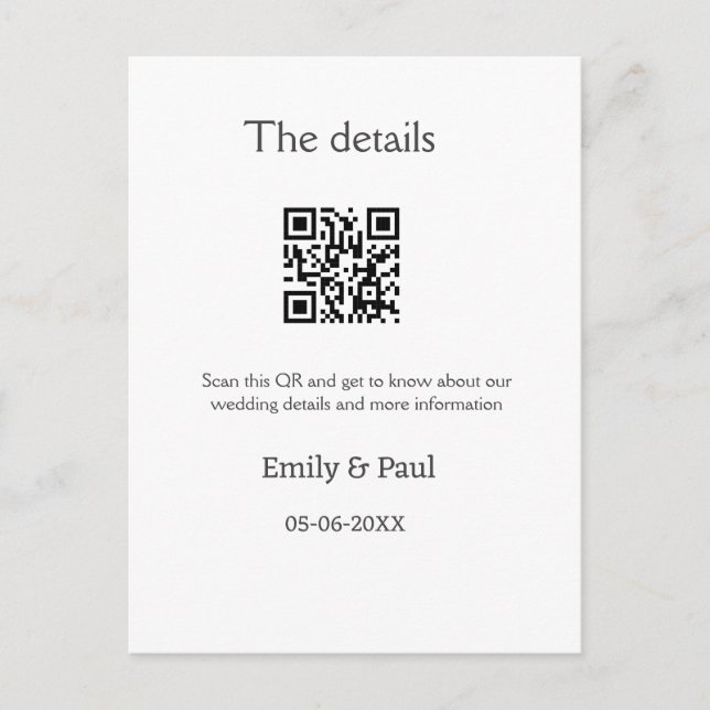 Cartão Postal Detalhes da pesquisa do site de casamento QR adici (Frente)