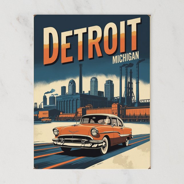 Cartão Postal Detroit Industrial Retro com Carro Clássico (Criador carregado)