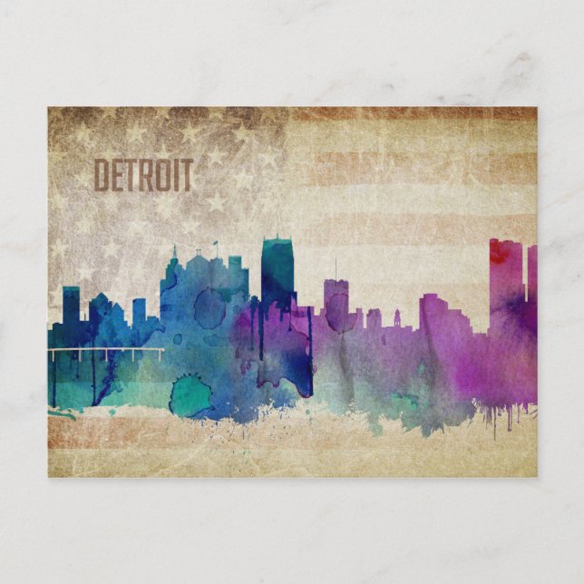 Cartão Postal Detroit, MI | Skyline Cidade de Cores (Frente)