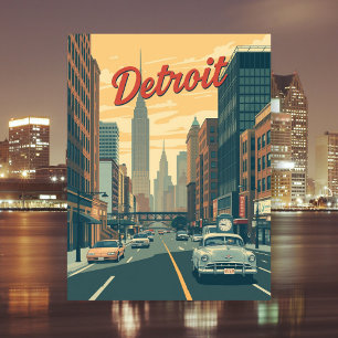 Cartão Postal Detroit Michigan Retro Cars Viagem