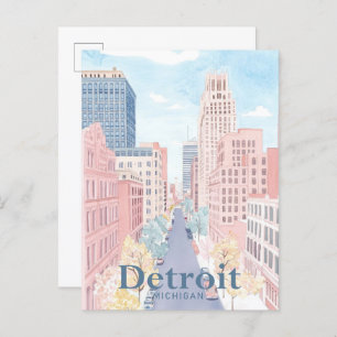Cartão Postal Detroit Michigan Watercolor Painting Viagem