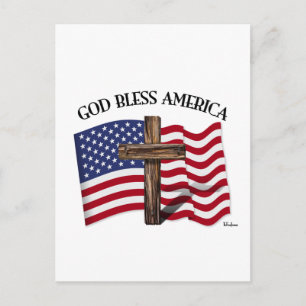 Cartão Postal DEUS ABENÇOE A AMÉRICA com cruz robusta e bandeira