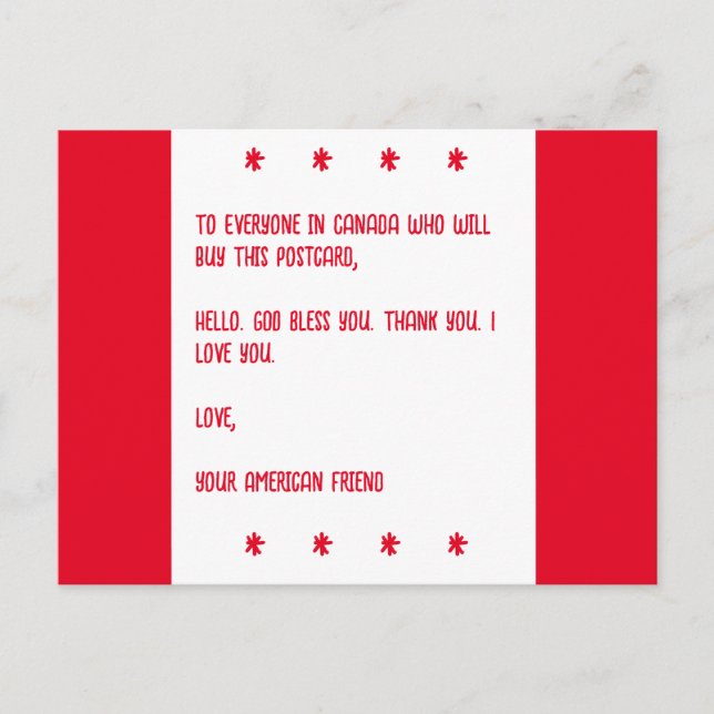 Cartão Postal DEUS Abençoe o Canadá. Com amor, Seu Amigo America (Frente)