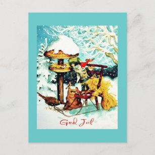 Cartão Postal "Deus Jul!" Nisse Alimenta Pequenas Aves