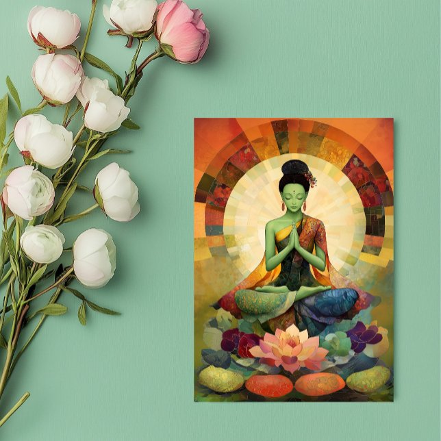 Cartão Postal Deusa Budista Green Tara Floral Painting Zen (Criador carregado)