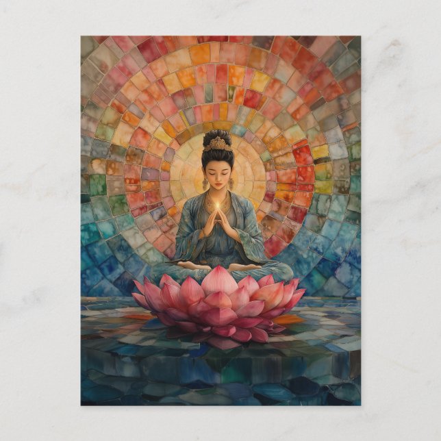 Cartão Postal Deusa Budista Guanyin Rainbow Retrait Art (Frente)