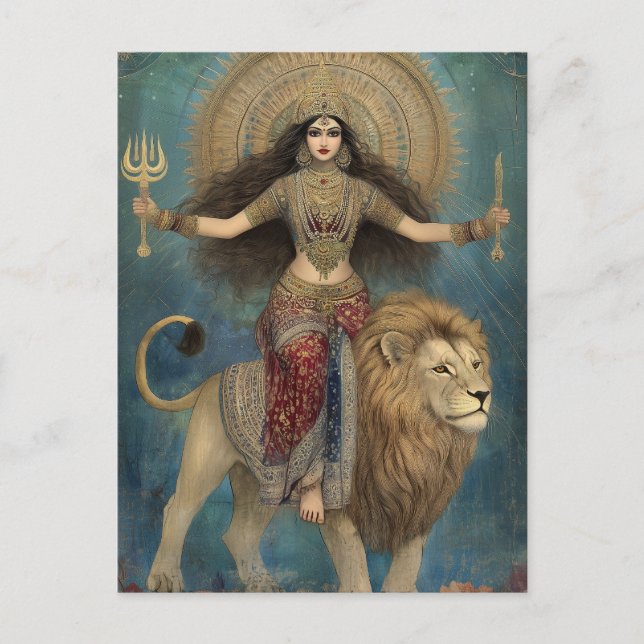 Cartão Postal Deusa Durga montando Leão Arte Dourada Turquesa (Frente)
