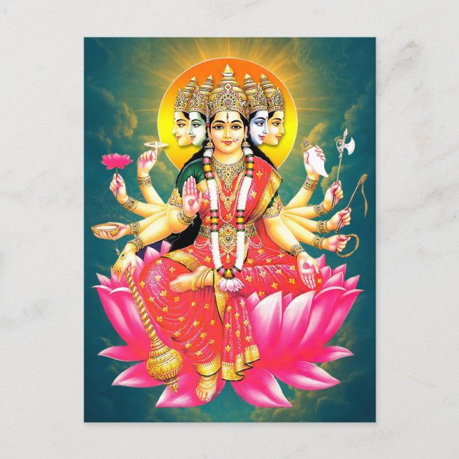 Cartão Postal Deusa Gayatri Devi no Lotus Hindu Deity (Frente)