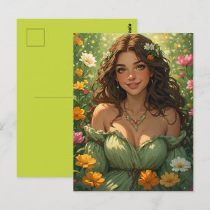 Cartão Postal Deusa Ninfa da Natureza de Verão em Vestido Verde