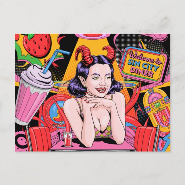 Cartão Postal Devilish Woman no Retro Diner Comic Book (Frente)