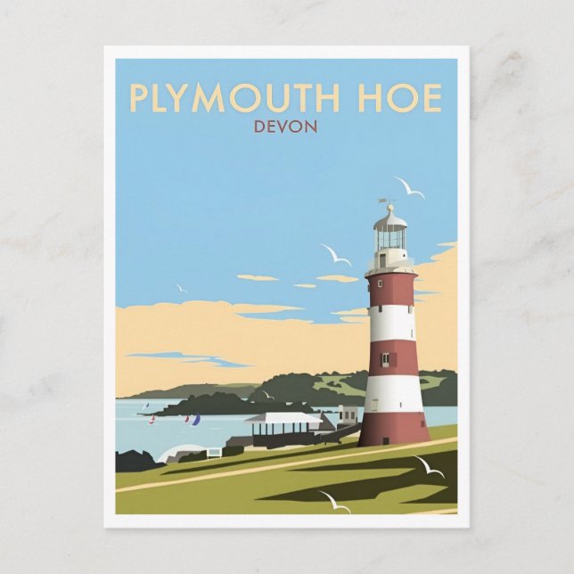 Cartão Postal Devon UK Plymouth Lighthouse - Viagem retroinspira (Frente)