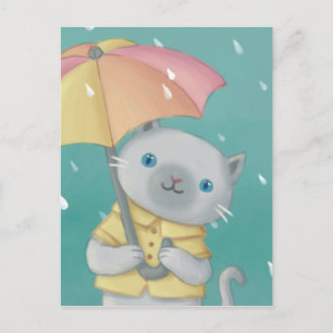 Cartão Postal Dia chuvoso: Ilustração de Cat & Umbrella