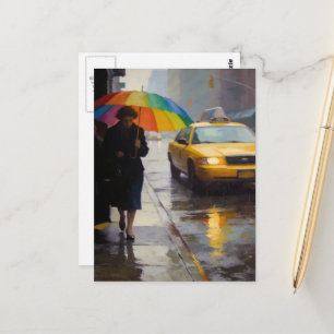 Cartão Postal Dia Chuvoso Mulher Abstrata Guarda-Chuva Arco-Íris
