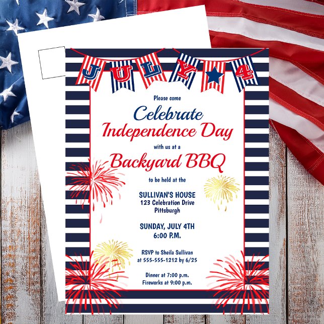 Cartão Postal Dia da Independência 4 de julho CHURRASCO do Quint (Independence Day July 4th Bunting Backyard BBQ Postcard Invitation)