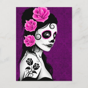 Cartão Postal Dia da Menina do Crânio do Açúcar Morta - Roxo