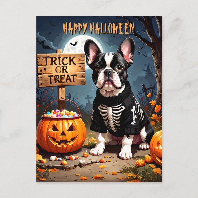Cartão Postal Dia das Bruxas do Buldogue Negro (Frente)