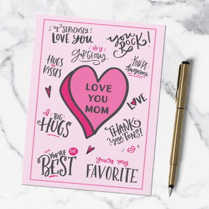 Cartão Postal Dia das Mães Corações Rosa Citações Divertidas e E