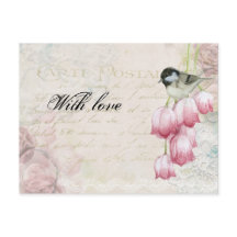 Dia das Mães Postal Antigo Tulipas Rosa Pássaro