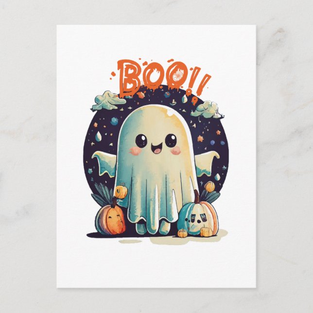 Cartão Postal Dia de as Bruxas engraçado Fantasma Boo na Galáxia (Frente)