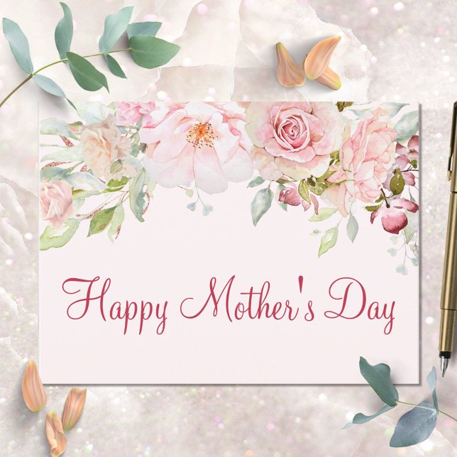 Cartão Postal Dia de as mães Feliz Floral Flor Rosa Rosa Pastel (In situ)