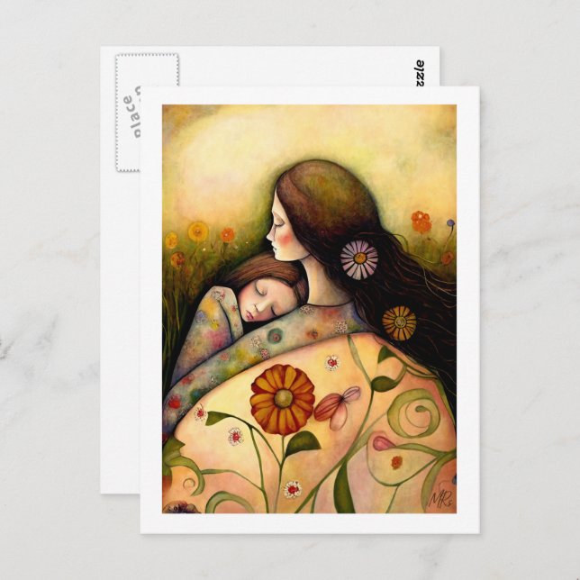 Cartão Postal Dia de as mães Feliz, Mãe e Pintura Filha (Frente/Verso)