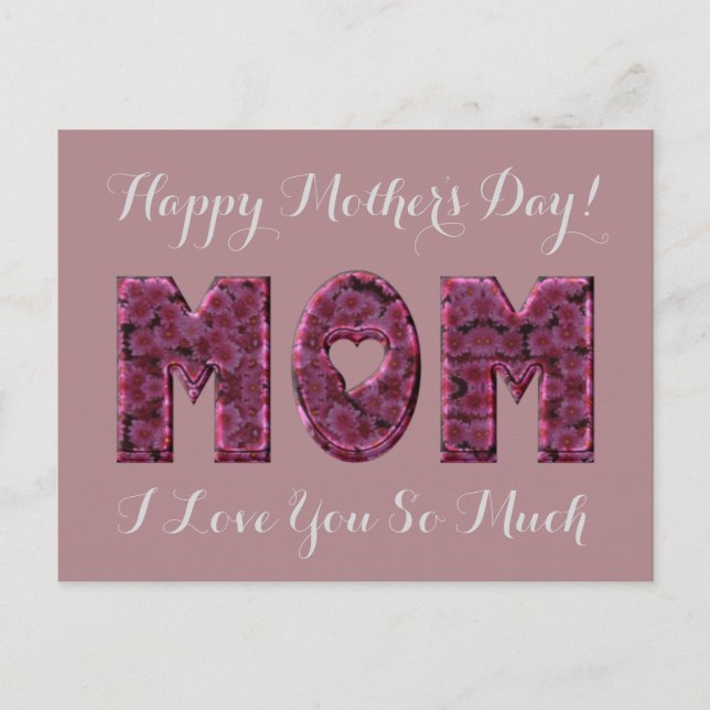 Cartão Postal Dia de as mães Feliz Mãe Eu Te Amo Rosa Floral (Frente)