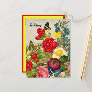 Cartão Postal Dia de as mães Jardim Carnações Rosas Borboletas