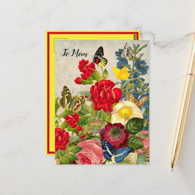 Cartão Postal Dia de as mães Jardim Carnações Rosas Borboletas (Frente/Verso In Situ)