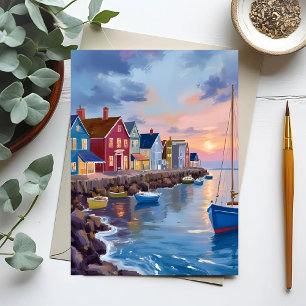 Cartão Postal Dia de Barco Pintura em Aquarela da Baía Costeir
