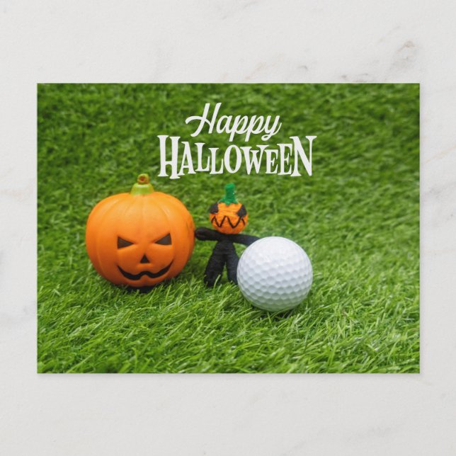 Cartão Postal Dia de Halloween de golfe com fantasma de abóbora  (Frente)