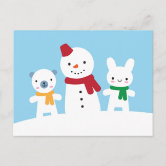 Cartão Postal Dia de Neve Kawaii com Coelho & Urso