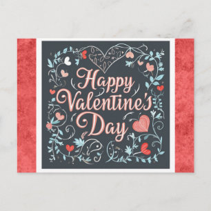 Cartão Postal Dia de os namorados Vintage Script Red Heart Flora