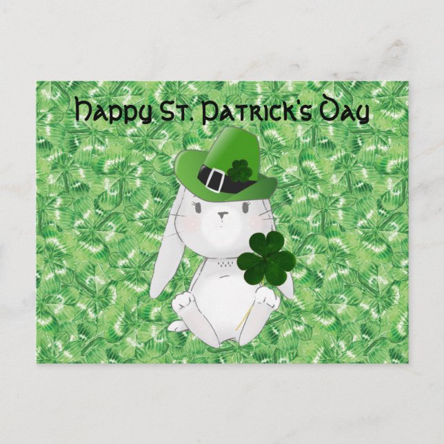 Cartão Postal Dia de Patrick com Bunny Irlandês, shamrock bg (Frente)